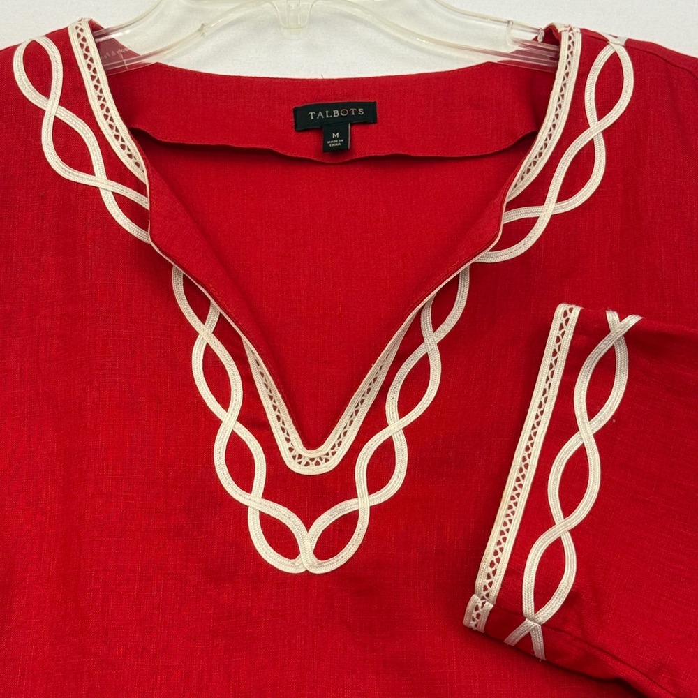 Talbots Linen Tunic Women‎ Medium Red and white V-Neck Long Sleeve Top CN2806